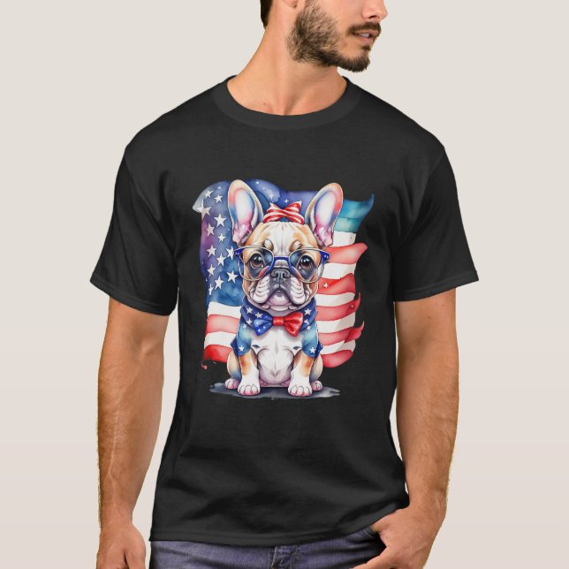 Patriotic French Bulldog Puppy American Flag 2 T-Shirt (Front)