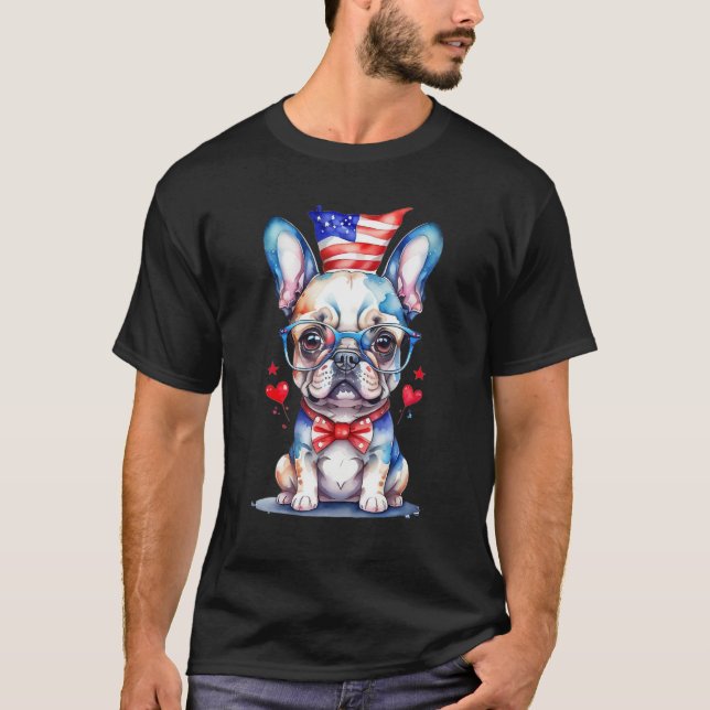 Patriotic French Bulldog Puppy American Flag 3 T-Shirt (Front)