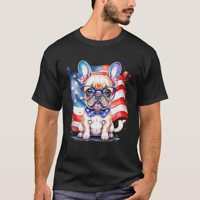 Patriotic French Bulldog Puppy American Flag T-Shirt (Front)