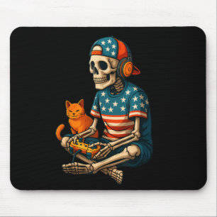 Patriotic Gamer Skeleton Gaming Video Games Cat Bo Mouse Pad