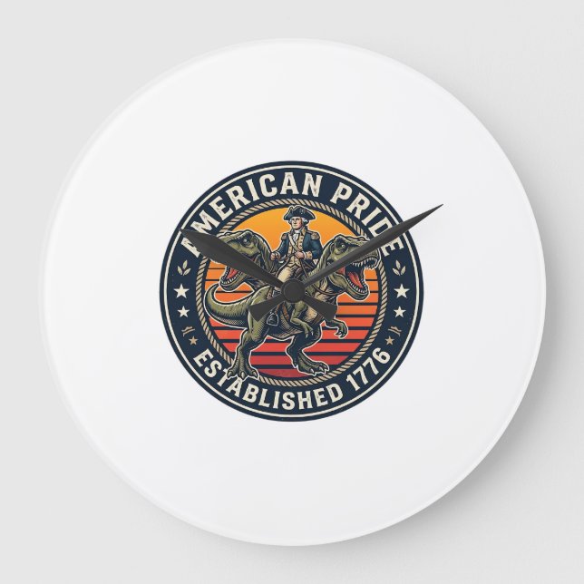 Patriotic George Washington Riding T-rex American  Large Clock (Front)