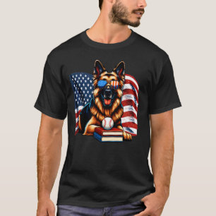 Patriotic German Shepherd Dog Books Baseball Ameri T-Shirt