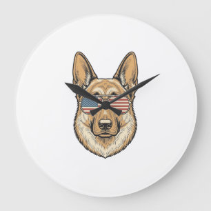 Patriotic German Shepherd Sunglasses Vintage Art_1 Large Clock
