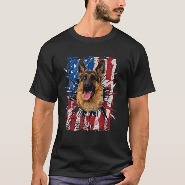 Patriotic German Shepherd Torn American Flag 4th O T-Shirt (Front)