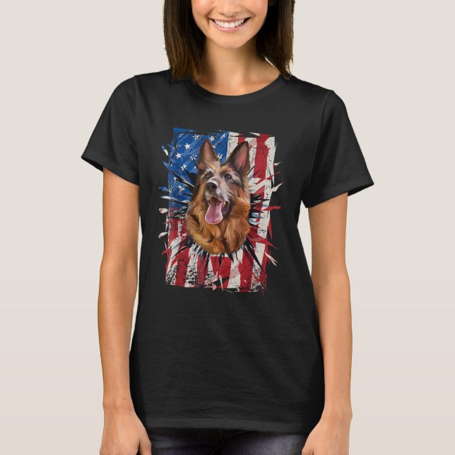 Patriotic German Shepherd Torn American Flag 4th O T-Shirt (Front)