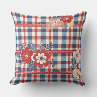 Patriotic Gingham with Floral Accents | Red White  Cushion