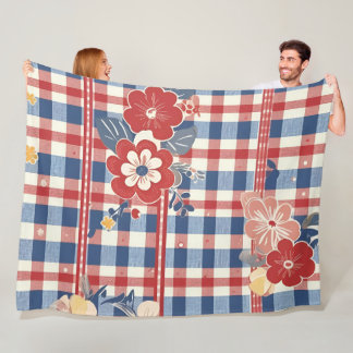 Patriotic Gingham with Floral Accents | Red White  Fleece Blanket