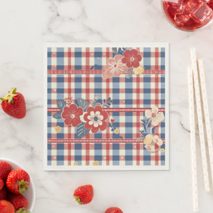 Patriotic Gingham with Floral Accents   Red White  Napkin