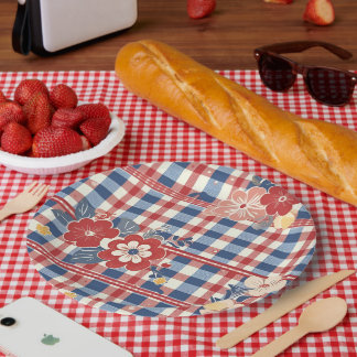Patriotic Gingham with Floral Accents | Red White  Paper Plate