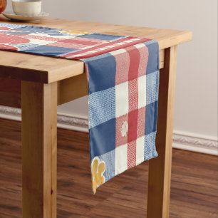 Patriotic Gingham with Floral Accents   Red White  Short Table Runner