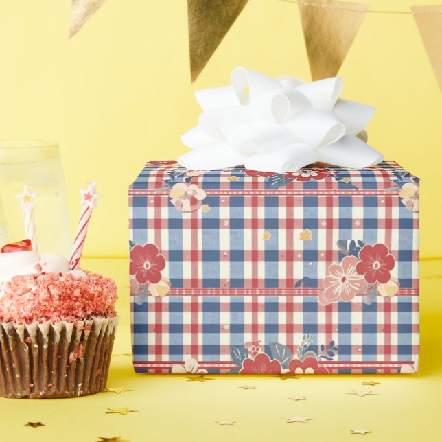 Patriotic Gingham with Floral Accents | Red White  Wrapping Paper (Birthday Party)