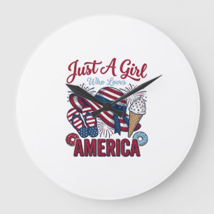 Patriotic Girl America Summer Vintage T-Shirt Desi Large Clock