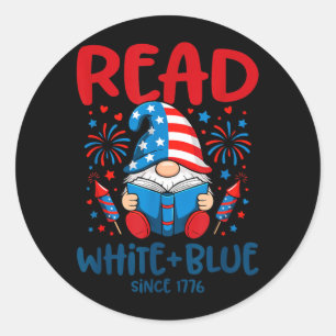 Patriotic Gnome Fireworks Read White Blue Book Classic Round Sticker