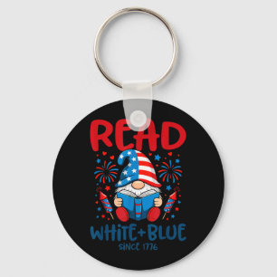 Patriotic Gnome Fireworks Read White Blue Book Key Ring
