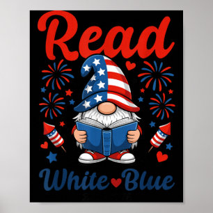 Patriotic Gnome Fireworks USA Read White Blue Poster