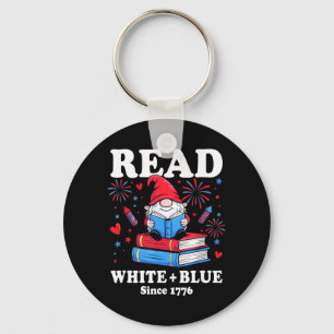 Patriotic Gnome Read White Blue 4th of July Book Key Ring
