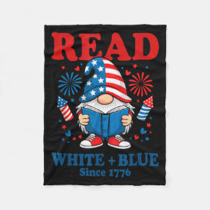 Patriotic Gnome Read White Blue Independence USA Fleece Blanket