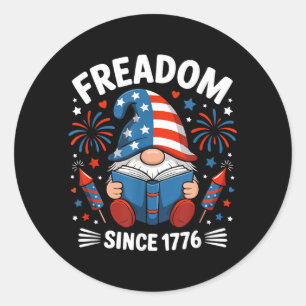 Patriotic Gnome Reading Book 4th of July Cute Classic Round Sticker