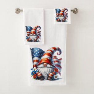 Patriotic Gnome with American Flag Bath Towel Set