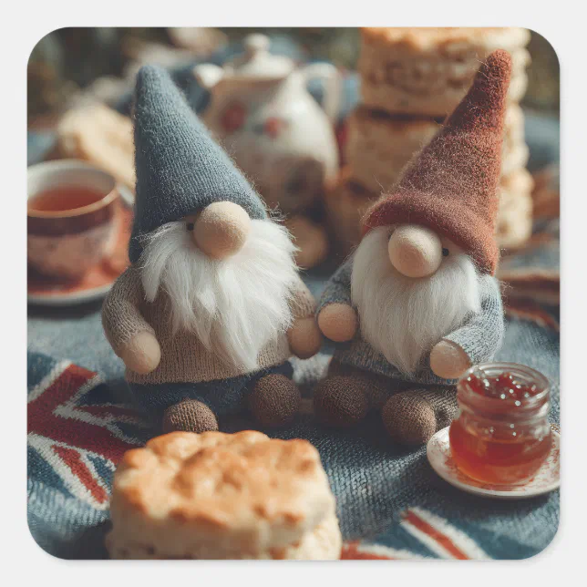 Square Rounded Designs Patriotic Gnomes Enjoying British Afternoon Tea Square Sticker | Zazzle