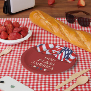 Patriotic God Bless America Red White Blue Bunting Paper Plate