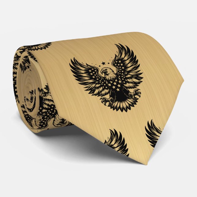 Patriotic Gold and Black American Flag Bald Eagle  Tie (Rolled)
