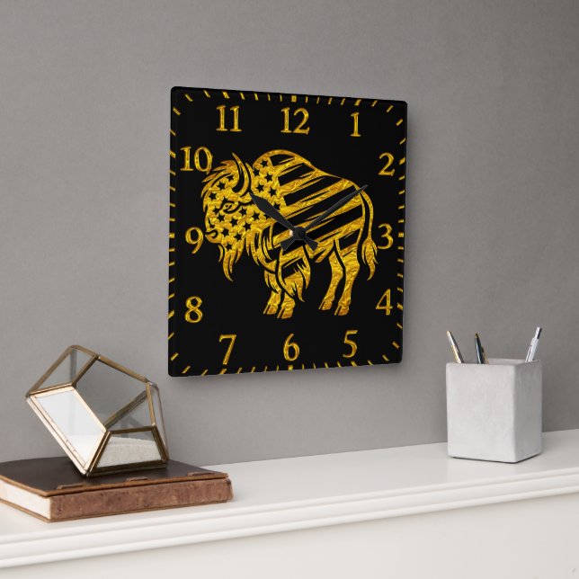 Patriotic Gold Bison Design Square Wall Clock (Office)