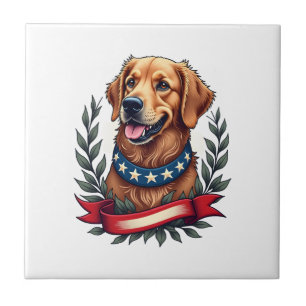 Patriotic Golden Retriever Americana Art Tee 2 Ceramic Tile