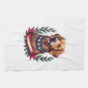 Patriotic Golden Retriever Americana Art Tee 2 Tea Towel