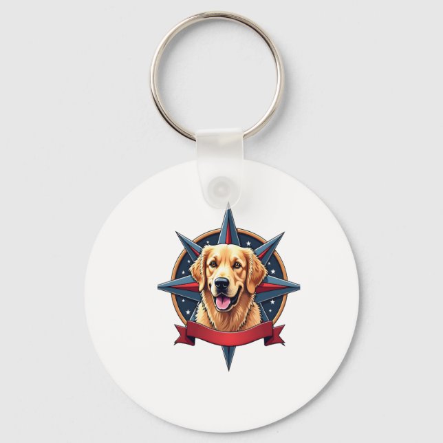 Patriotic Golden Retriever Compass Star Tee 2 Key Ring (Front)