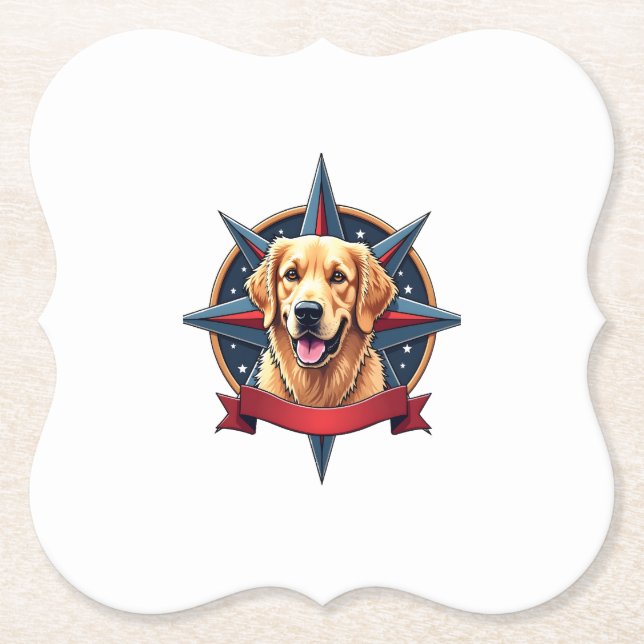 Patriotic Golden Retriever Compass Star Tee 2 Paper Coaster (Front)