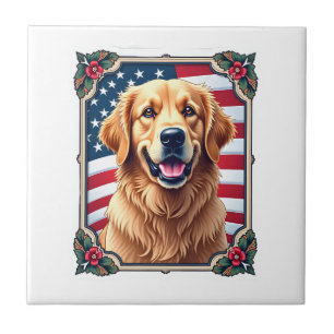 Patriotic Golden Retriever Corner Frame Shirt 3 Ceramic Tile