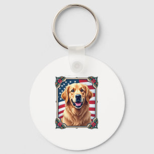 Patriotic Golden Retriever Corner Frame Shirt 3 Key Ring