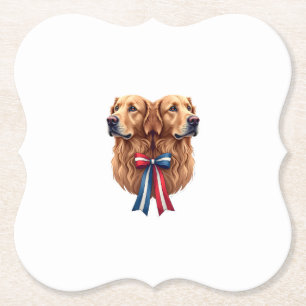 Patriotic Golden Retriever Double Portrait Shirt 2 Paper Coaster