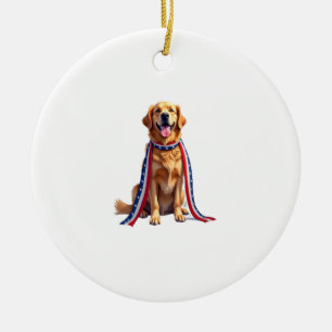 Patriotic Golden Retriever Falling Ribbon Shirt 2 Ceramic Ornament