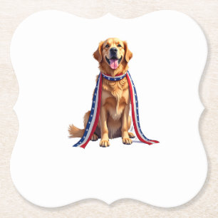 Patriotic Golden Retriever Falling Ribbon Shirt 2 Paper Coaster