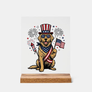Patriotic Golden Retriever Fireworks Vintage Shirt Acrylic Sign