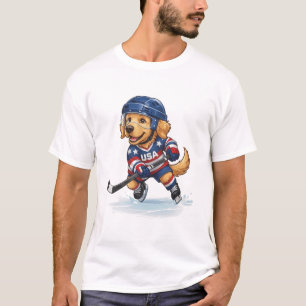 Patriotic Golden Retriever Ice Hockey Player Illus T-Shirt