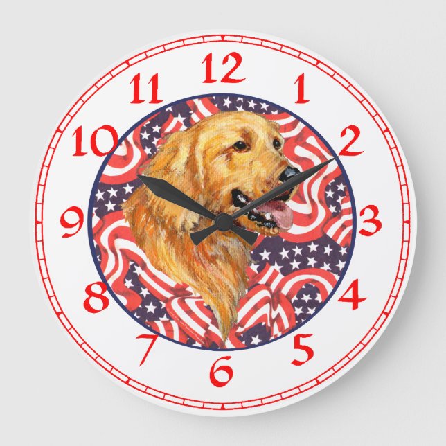 Patriotic Golden Retriever Large Clock (Front)