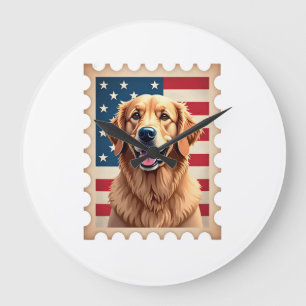 Patriotic Golden Retriever Stamp Vintage Tee 2 Large Clock