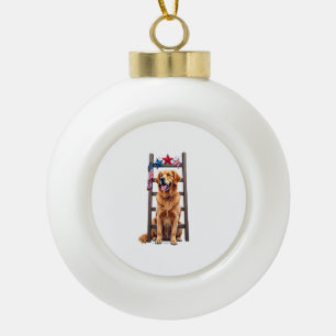 Patriotic Golden Retriever Star Ladder Shirt Ceramic Ball Christmas Ornament