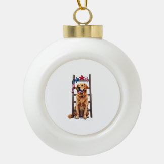 Patriotic Golden Retriever Star Ladder Shirt Ceramic Ball Christmas Ornament