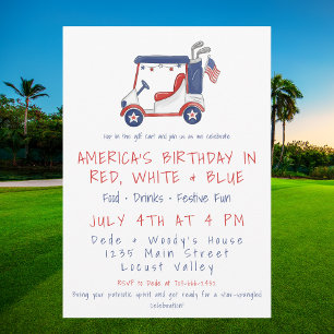 Patriotic Golf Cart Party Red White Blue July 4th Invitation