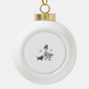Patriotic Goose and Dachshund Vintage Shirt Design Ceramic Ball Christmas Ornament