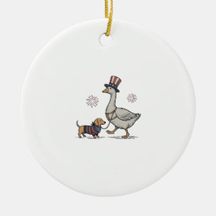 Patriotic Goose and Dachshund Vintage Shirt Design Ceramic Ornament