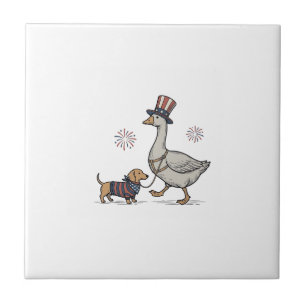 Patriotic Goose and Dachshund Vintage Shirt Design Ceramic Tile