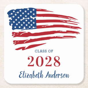 Patriotic Graduation USA American Flag Military Square Paper Coaster