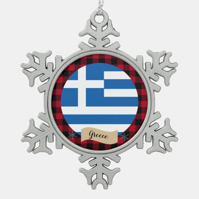 Patriotic Greece, Red buffalo plaid, Greek Flag Snowflake Pewter Christmas Ornament (Front)