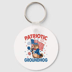 Patriotic Groundhog American Flag 4th Of July Key Ring