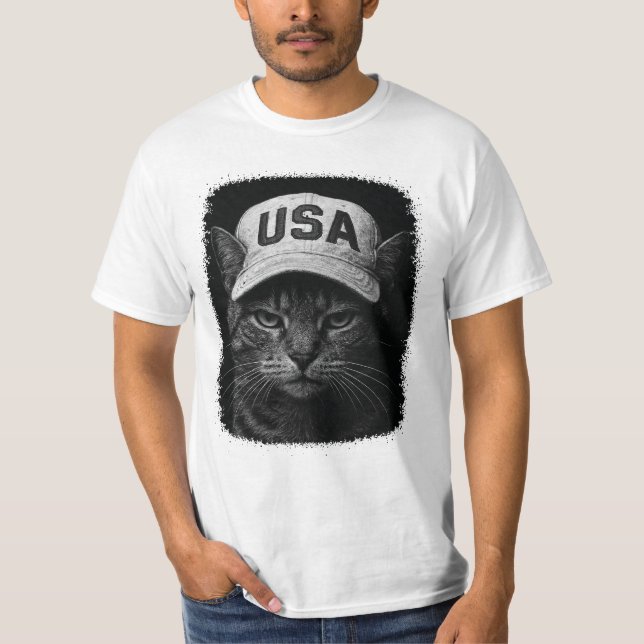 Patriotic Grumpy Cat – USA Hat Black & White T-Shirt (Front)